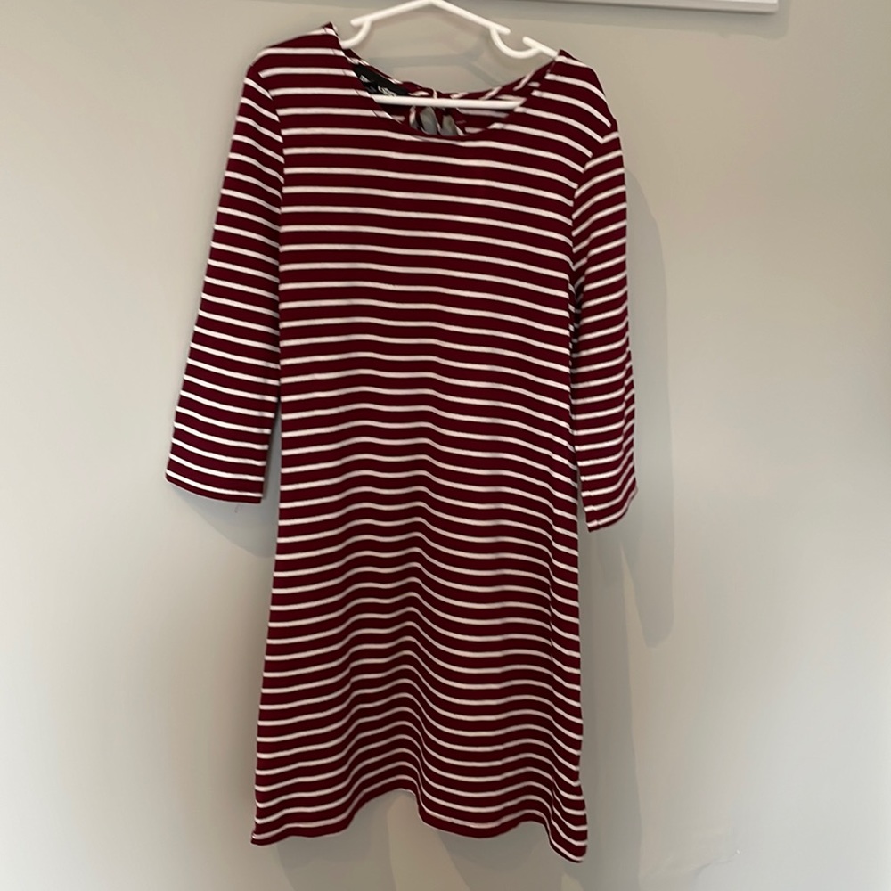 Burgundy & White Striped Girls Dress with Bow Detail-NEW with tags